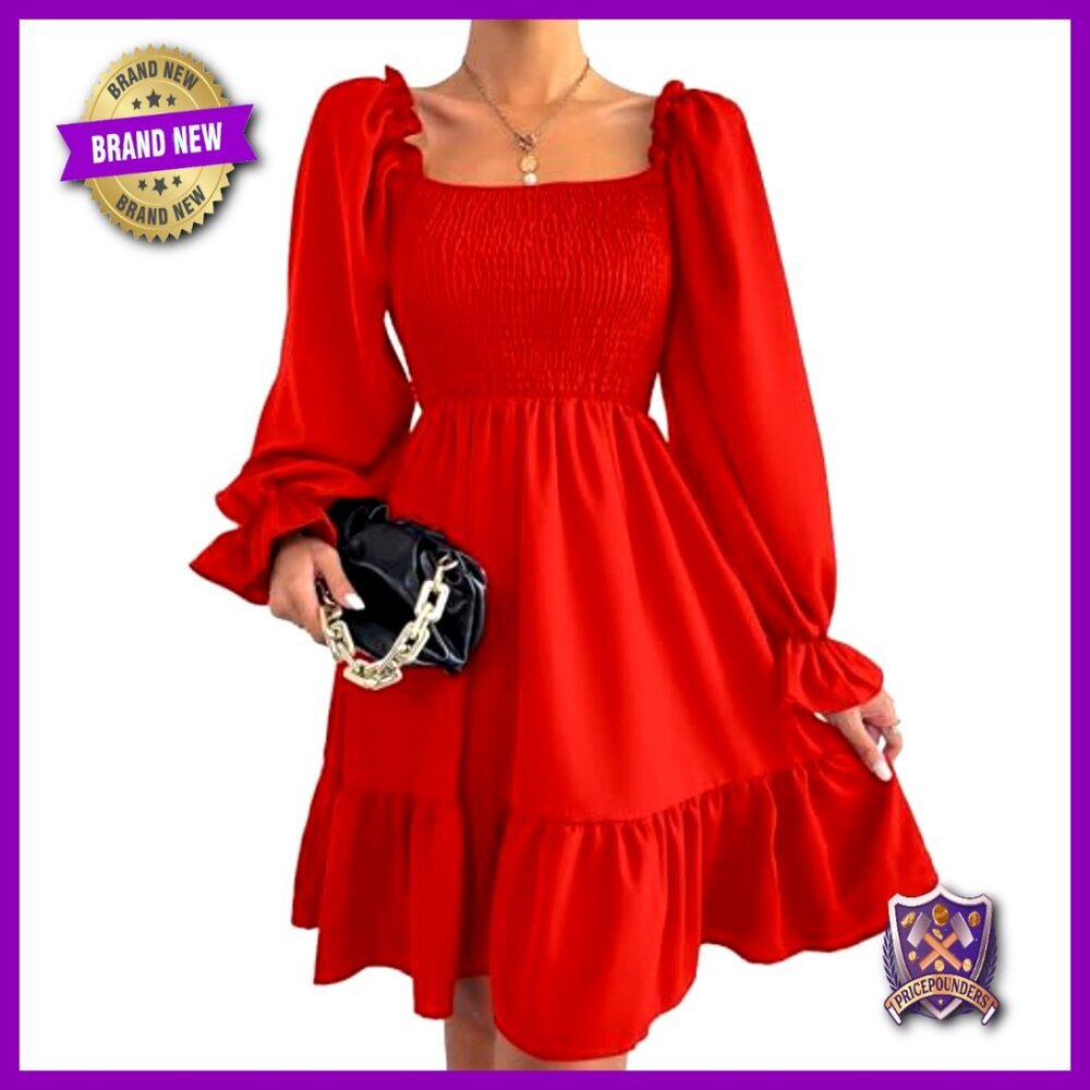 Square Neck Puff Sleeve Smocked Waist A-Line Swing Mini Dress Elegant Chic - Picture 2 of 7